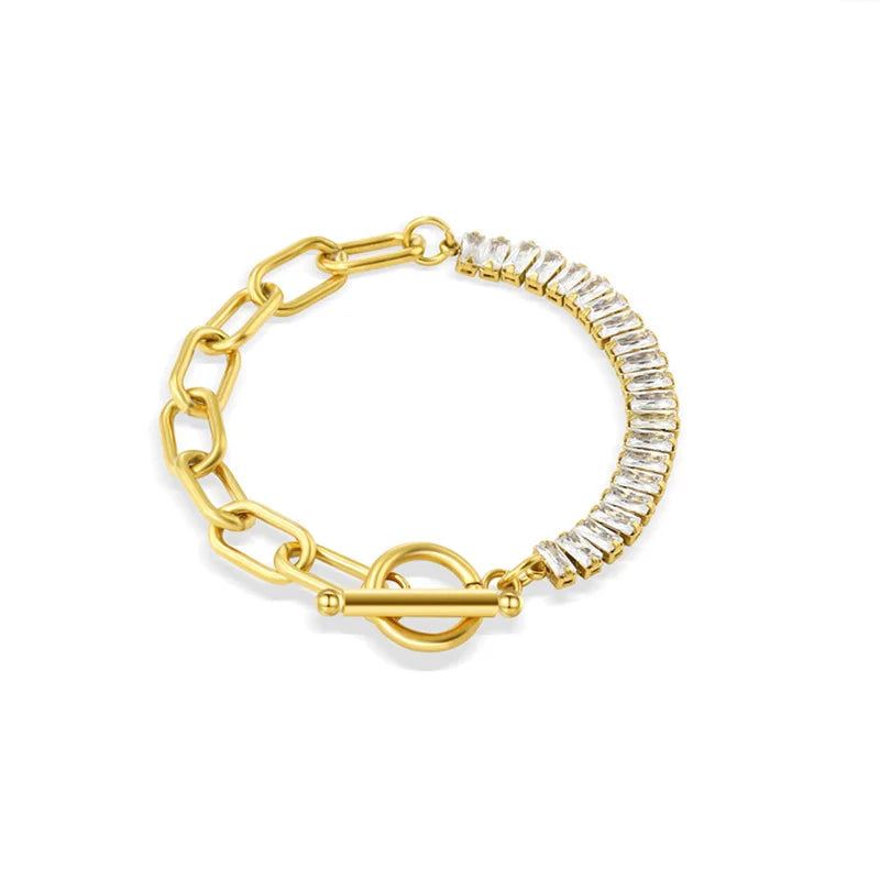 Super Shiny Rectangular Paperclip Chain Crystal Bead White Zircon Tennis OT Clasp Bracelet