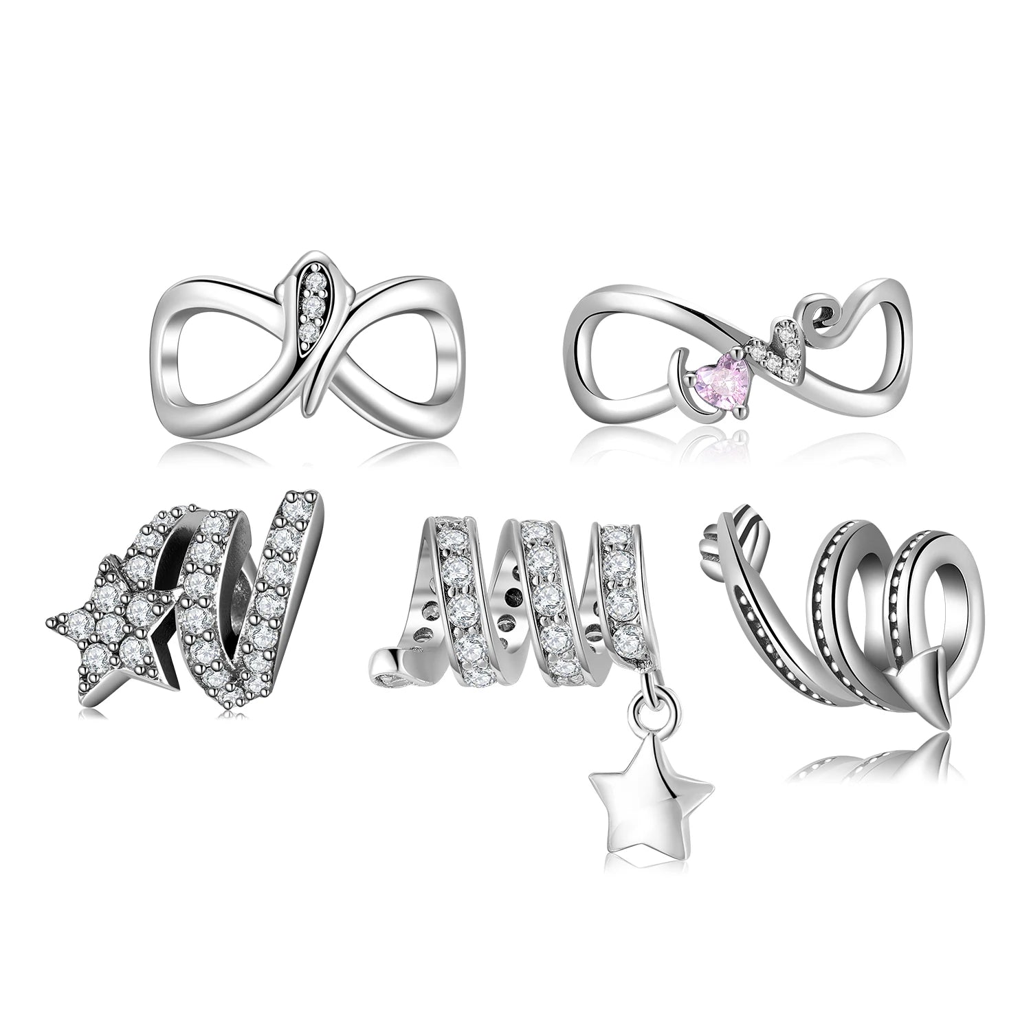 Real 925 Sterling Silver Spiral Shape Shining Star with clear CZ DIY Beads Charms for Bracelet Women Jewelry Making Wholesale