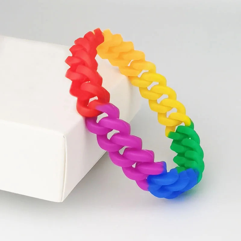 Hot Selling Debossed Silicone Wrist Bands Multicolor Rainbow Hollow Pin Twist Silicone Bracelet Braided Chain Link Wristband