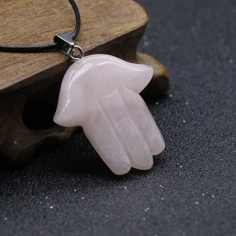 HY Wholesale Natural Costume pink Crystal Rose Quartz Fatima Hand Shape Jewelry Pendant Charm for Necklace Jewelry