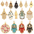 Luxurious Hamsa Hand Shape Strip Amulet Charm PendantEvil Eye Inlaid Zircon Natural Pearl Shell Agate Malachite Necklace N36