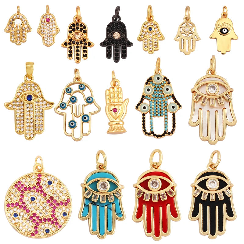 Luxurious Hamsa Hand Shape Strip Amulet Charm PendantEvil Eye Inlaid Zircon Natural Pearl Shell Agate Malachite Necklace N36