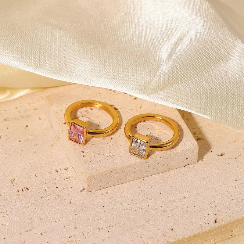 Stainless Steel Trendy Jewelry Gift 18k Gold Ring Square Pink Cubic Zircon Ring for Women