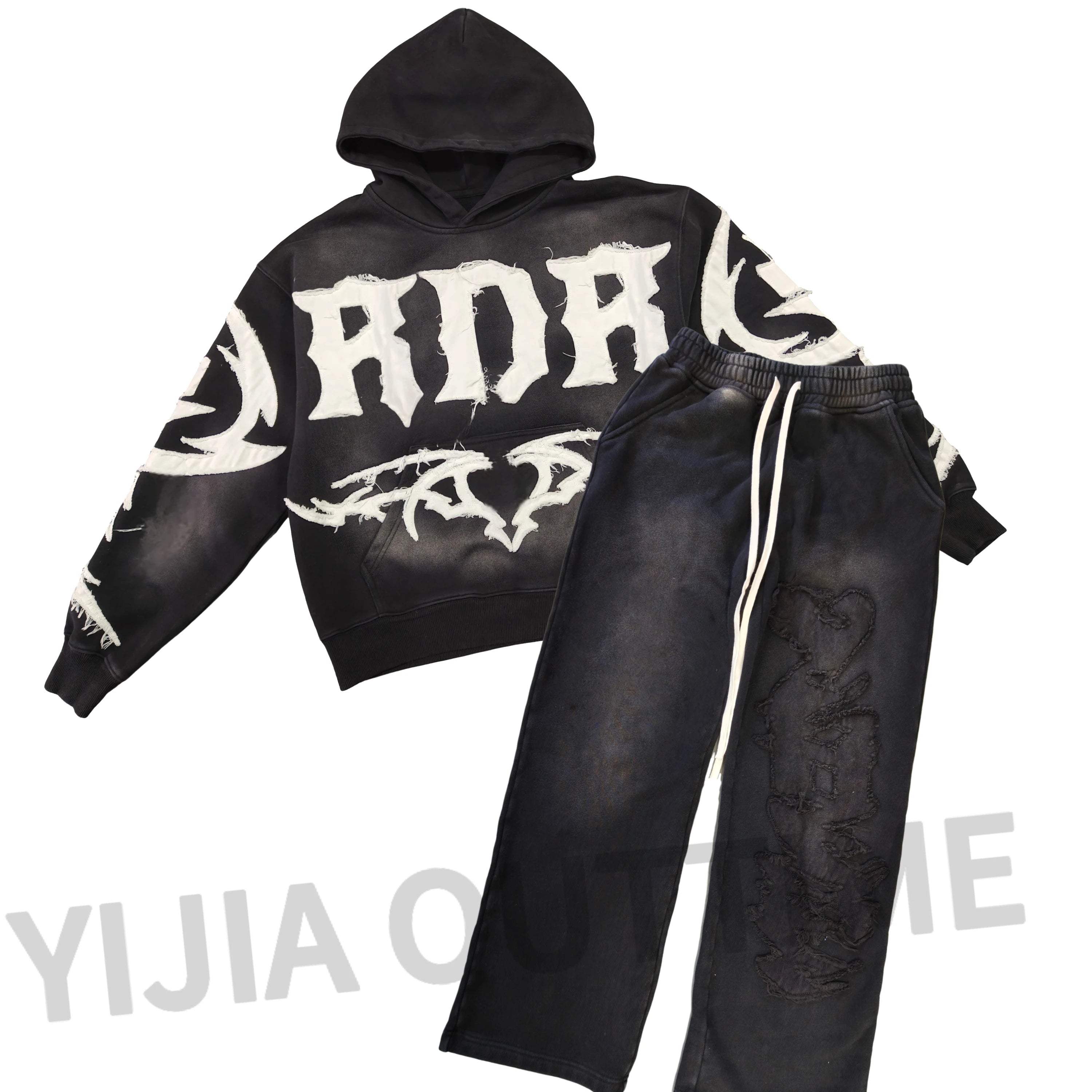 Custom Manufacturer Swearsuit Heavyweight Thick Distressed Vintage Embroidery Patch Men Acid Wash Hoodie Set