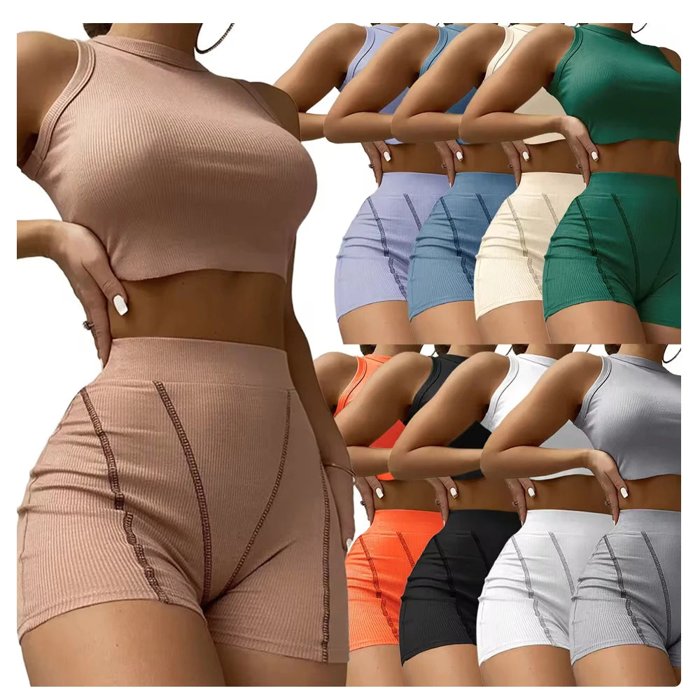 Women's Ribbed Cropped White tank Top and Shorts Set Women Plus Size Two Piece Girls Summer Outfits 2022 Custom logo
