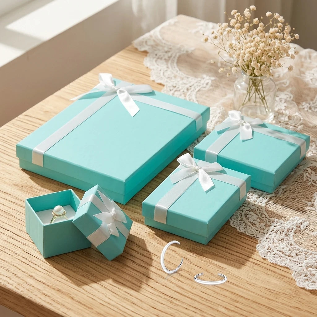 Portable Hot Welcome Cardboard Elegant Ribbon Bow Jewelry Paper Gift Box Fine Jewelry Rings Box Packaging Gift Boxes