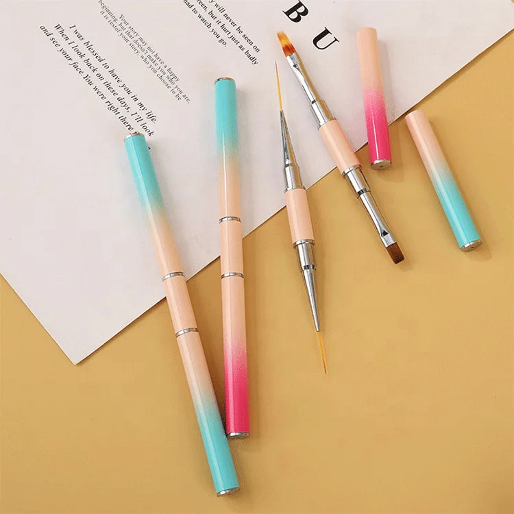 New Double Head Blue Pink Gradient Handle Beauty Artists Nails Supply Painting Liner Flat Oval Nail Art Brushes