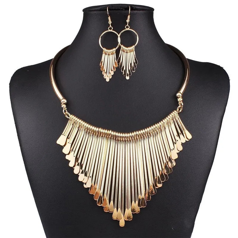 New Fashion African Jewelry Sets Gold Plated Statement Bib Necklace Geometric Long Tassel Alloy Collar Hoop Drop Earrings