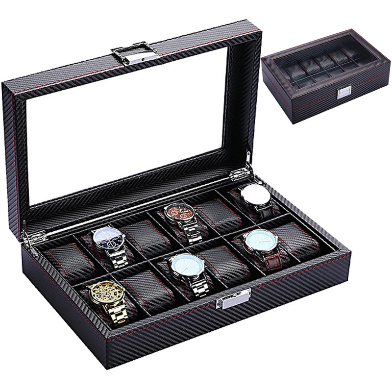 Wholesale Luxury Estuches Reloj Carbon Fiber Leather Watch case 12 Slots for Quartz Mechanical Watches