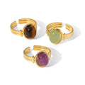 Stainless Steel Tiger Eye/green/purple Half Gemstone Open Ring Adjustable 18k Gold Oval Girls Rings