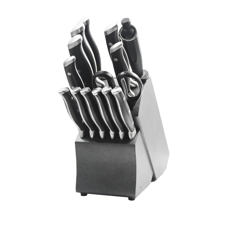 15 PCS German Stainless Steel High Quality Ambidextrous Straight Edge Kitchen Knife Block Set with POM Handle