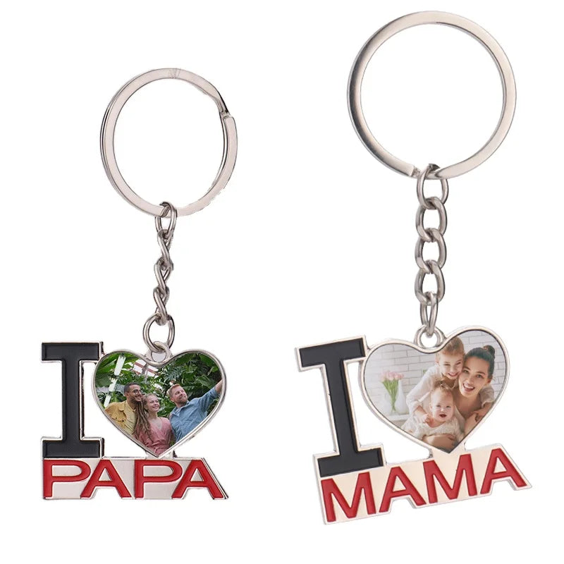 2024 Lovely Mother's Day Father's Day Gift Keychain Metal Sublimation Heart I Love Mama Papa Sublimation Keychain