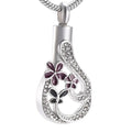 Children's Purple Flower Butterfly Teardrop Crystal Ash Cremation Urn Stainless Steel Silver Plated Treasure Necklace Keepsake
