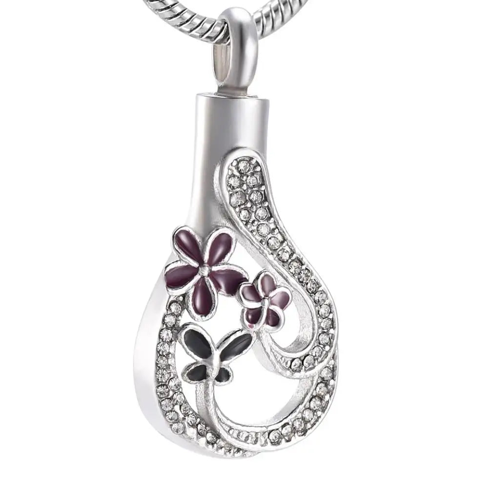 Children's Purple Flower Butterfly Teardrop Crystal Ash Cremation Urn Stainless Steel Silver Plated Treasure Necklace Keepsake