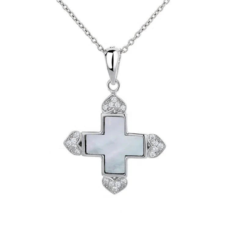 925 Silver Steel Abalone Shell Cross Urn Pendant Necklace for Woman