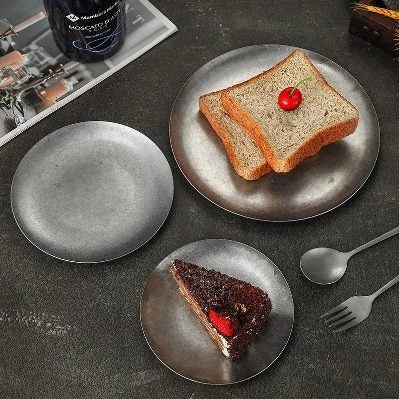 Korean Retro Frosted Matte Silver Round Serving Tray Thickened Food Container Fruit Bone Dish Restaurant Tableware Dinner Plate