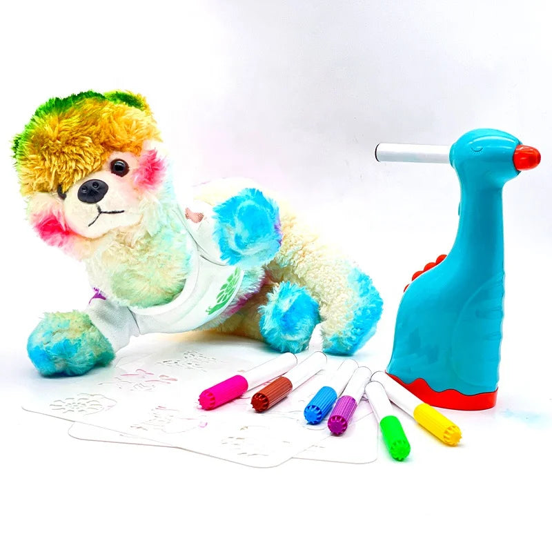 Magic Blow Pens Gravity Feed Piston Airbrush Plush Kids' Creativity & Imagination Drawing Painting Toys with Stencil