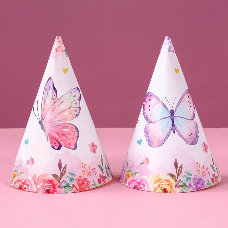 Butterfly Happy Birthday Cone Paper Birthday Hats Pompom Pink Hat Baby Shower Hats Children Adults Party Supplies Birthday Decor