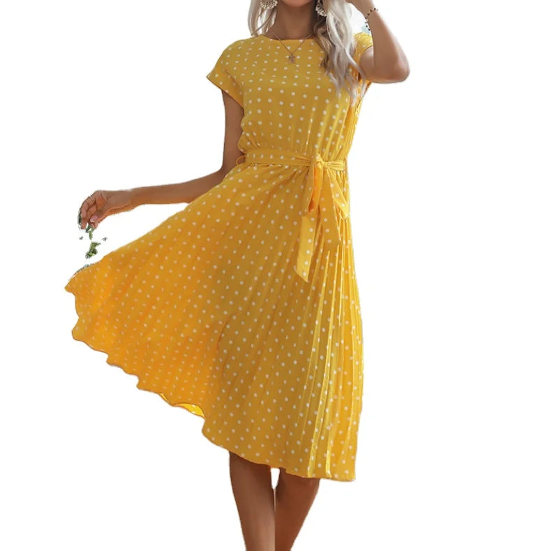 Summer Polka Dots Sleeveless Pleated Dresses for Women High Waist Midi Elegant Office Green Lady Dinner Party Vacation Clothes