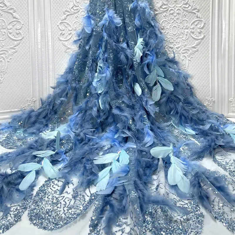 Luxury Sustainable Beads Sequins Feather Lace Fabric for Bridal Dresses Apparel Shoes Underwear Decorations Bags Work Hats