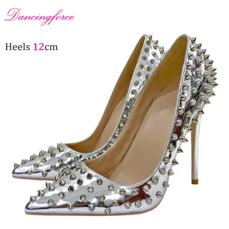 12cm Plus Size Autumn Summer Comfort Bridal Pointed Pumps Stilettos Slip-On Thin Heels Sexy Rivets Office Banquet Dress Shoes