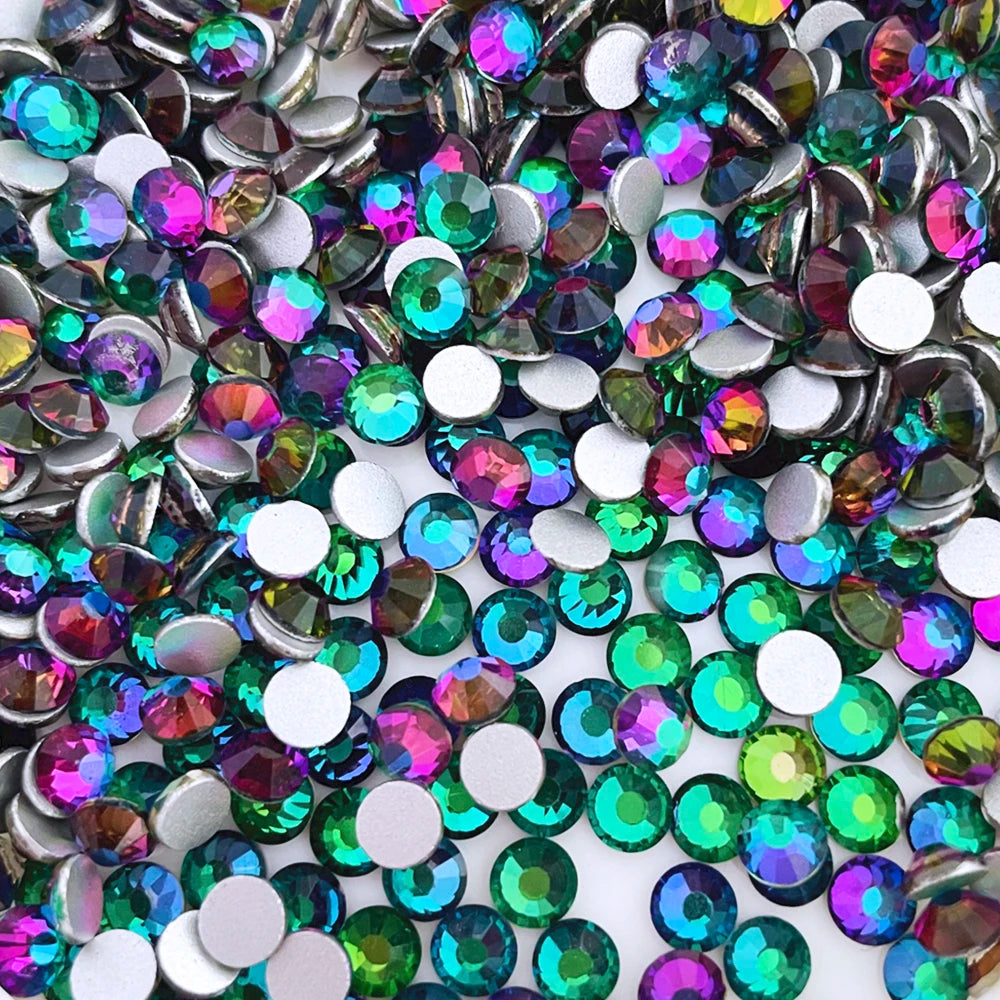 Green Flare Volcano Bling Flat Back Non Hot Fix Silver Base Crystal Glass Rhinestone Grade AA Eco-Friendly Bulk for Nail Art