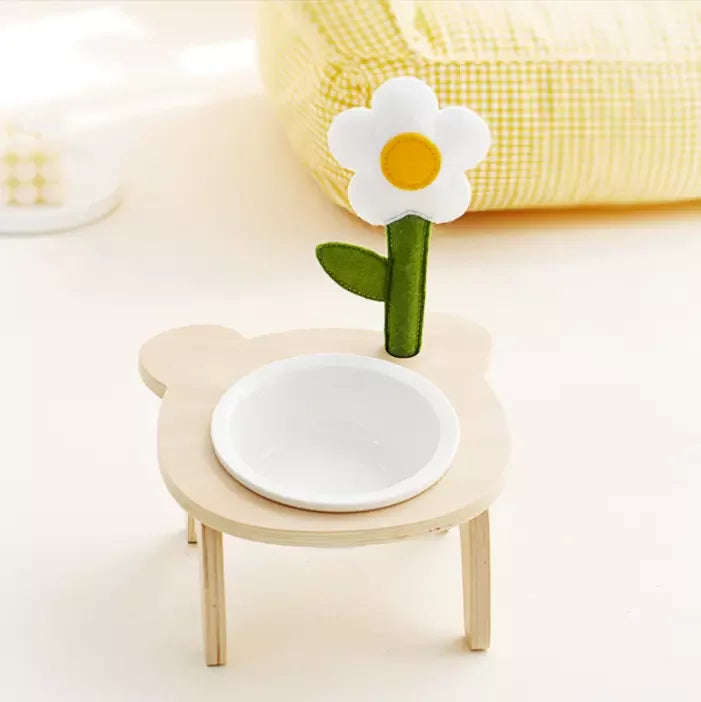 JUNJI Cute Style Elevated Single Raised Dog Bowl with Wooden Stand Ceramic Bowl Raised Pet Feeder for Small Animal