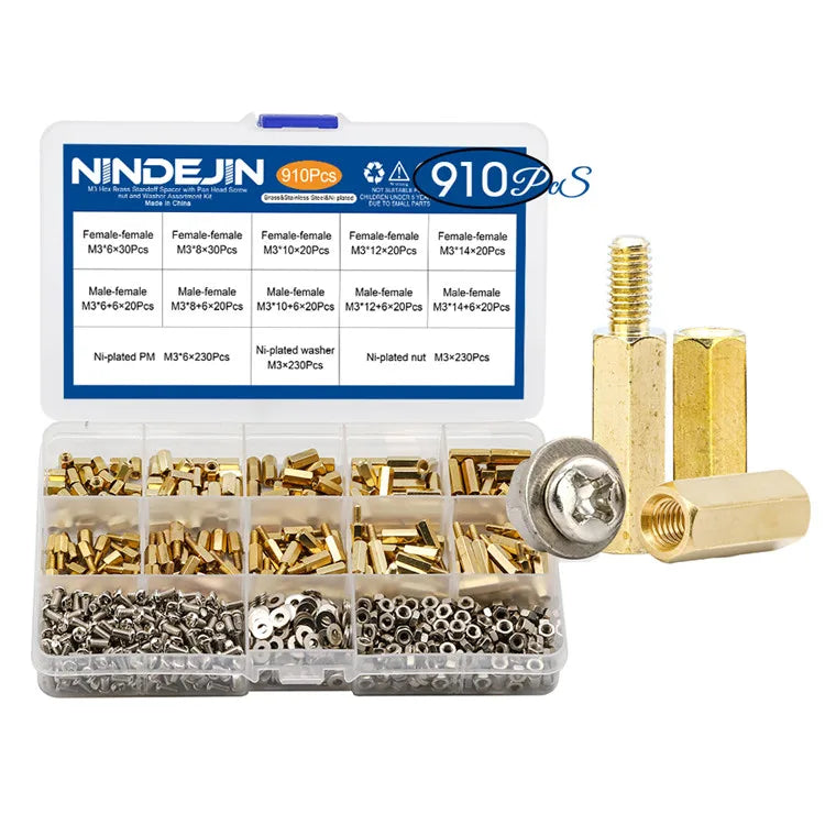 910PCS Brass Motherboard Standoff Pan Head Screw Nut Washer Assortment Kit M3*6 Male Female Threaded Hex Spacer NINDEJIN