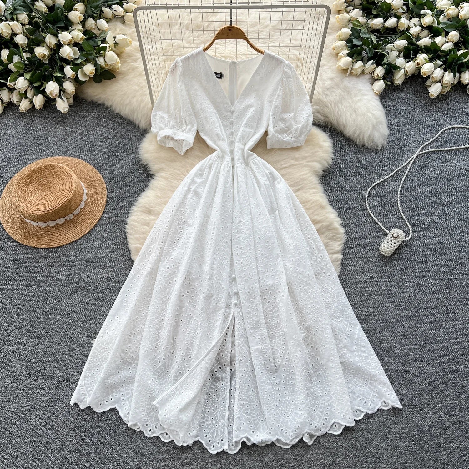 Summer Design V Neck Bubble Sleeve White Embroidery Vacation Casual Dresses for Women
