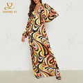 Factory Wholesale Custom High Quality Plus Size Women Long Sleeve V Neck Print Multi Color Ladies Muslim Fashion Maxi Dress