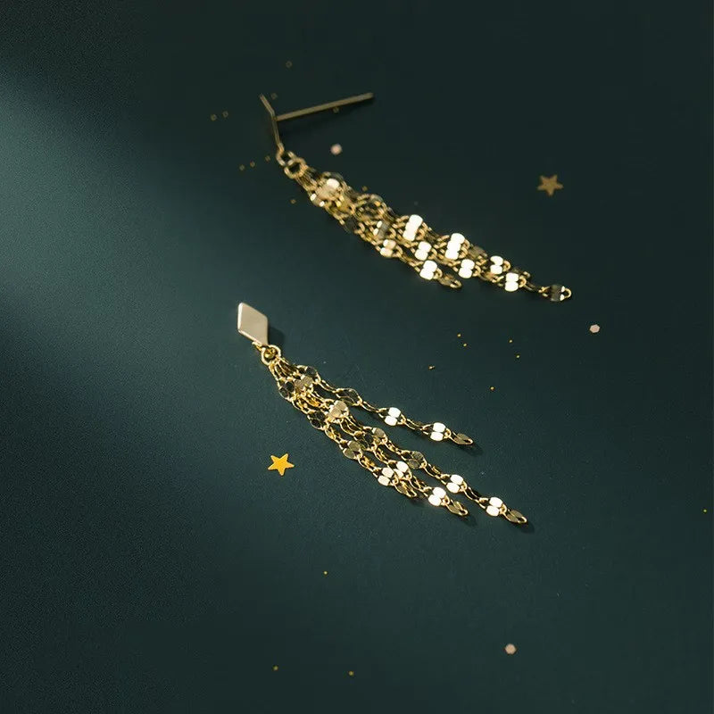 925 Sterling Silver Small Rhombus Shape Earings Gold Plated Tassel Dangle Drop Earrings Fashion Jewelry for Women