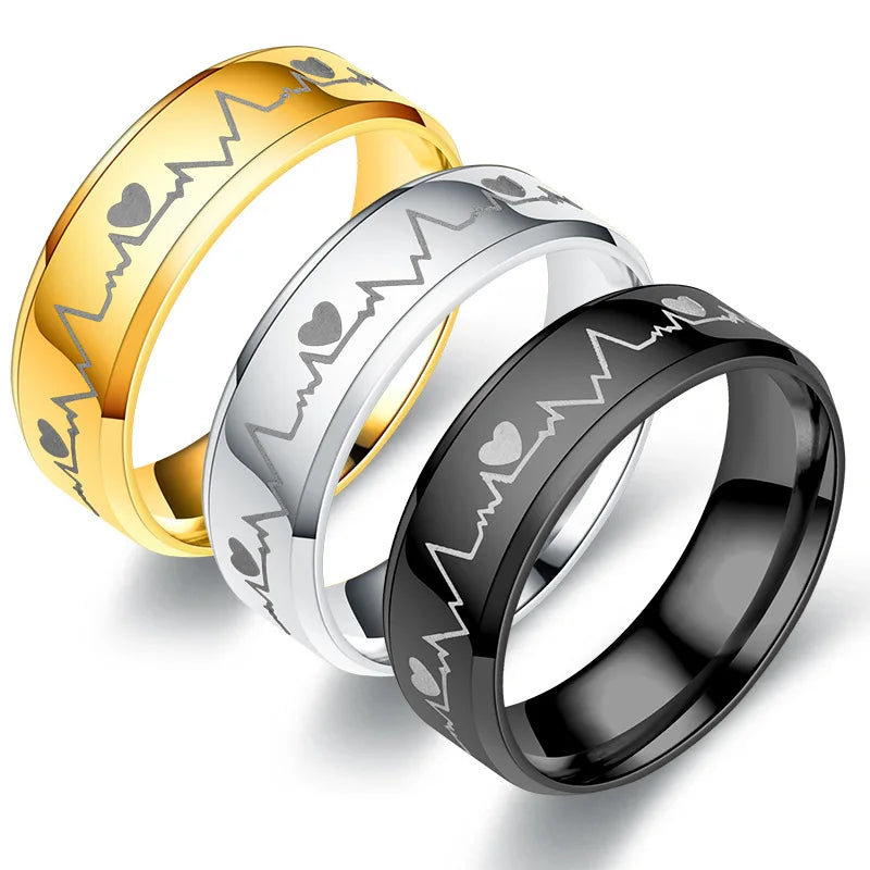 Luminous Men Boys Titanium Stainless Steel ECG Heart Beat Gold Silver Black Couple Ring