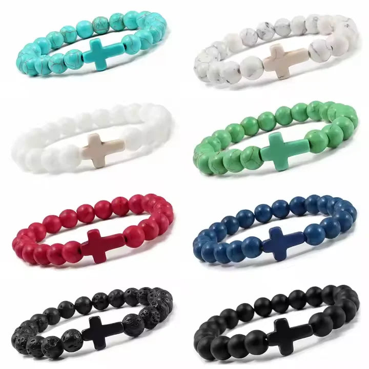 Cross Beads Bracelet Set - Lava Rock Howlite Turquoise Tiger Eye Stone Natural Stone Bracelet Stretch Elastic Healing 8mm