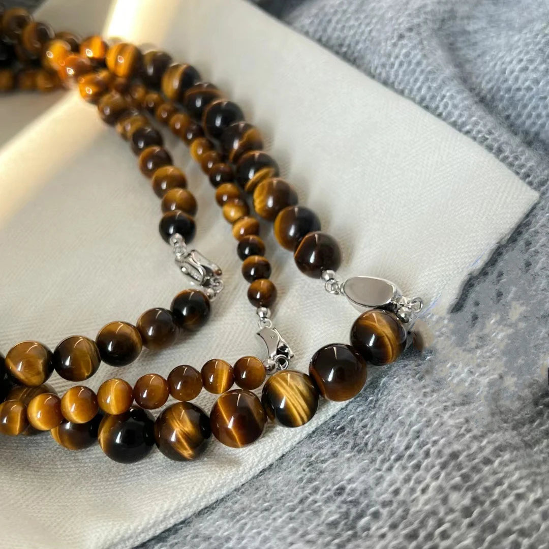 Maiou Vintage Designer Trendy Handmade Natural Stone Brown Tiger Eyes Stone Beaded Necklace for Women Girls Jewelry Ladies