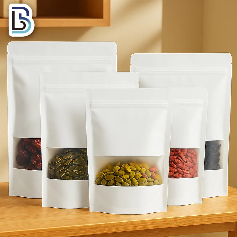 Lebei High Grade White Kraft Paper Stand-up Bag Doypack Food Packaging Ziplock Kraft Pouch with Window