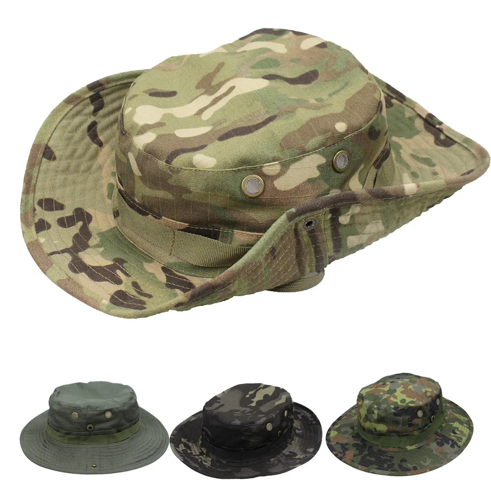 Outdoor Boonie Safari Hiking Fishing Fisherman Cap Custom Print Camouflage Unisex Bucket Hats with String Summer Sunshade