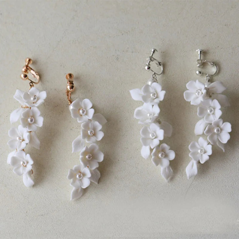 SLBRIDAL Handmade Rhinestones Crystals Pearl Ceram Flower Bridal Dangle Earring Wedding Chandelier Earring Fashion Women Jewelry