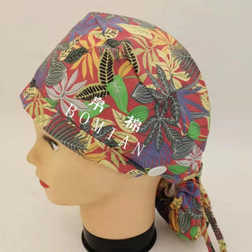 Scrub Cap for Women and Men Ponytail Scrub Caps Working Hat Head Cover with Ribbon Ties and Buttons Long Hair