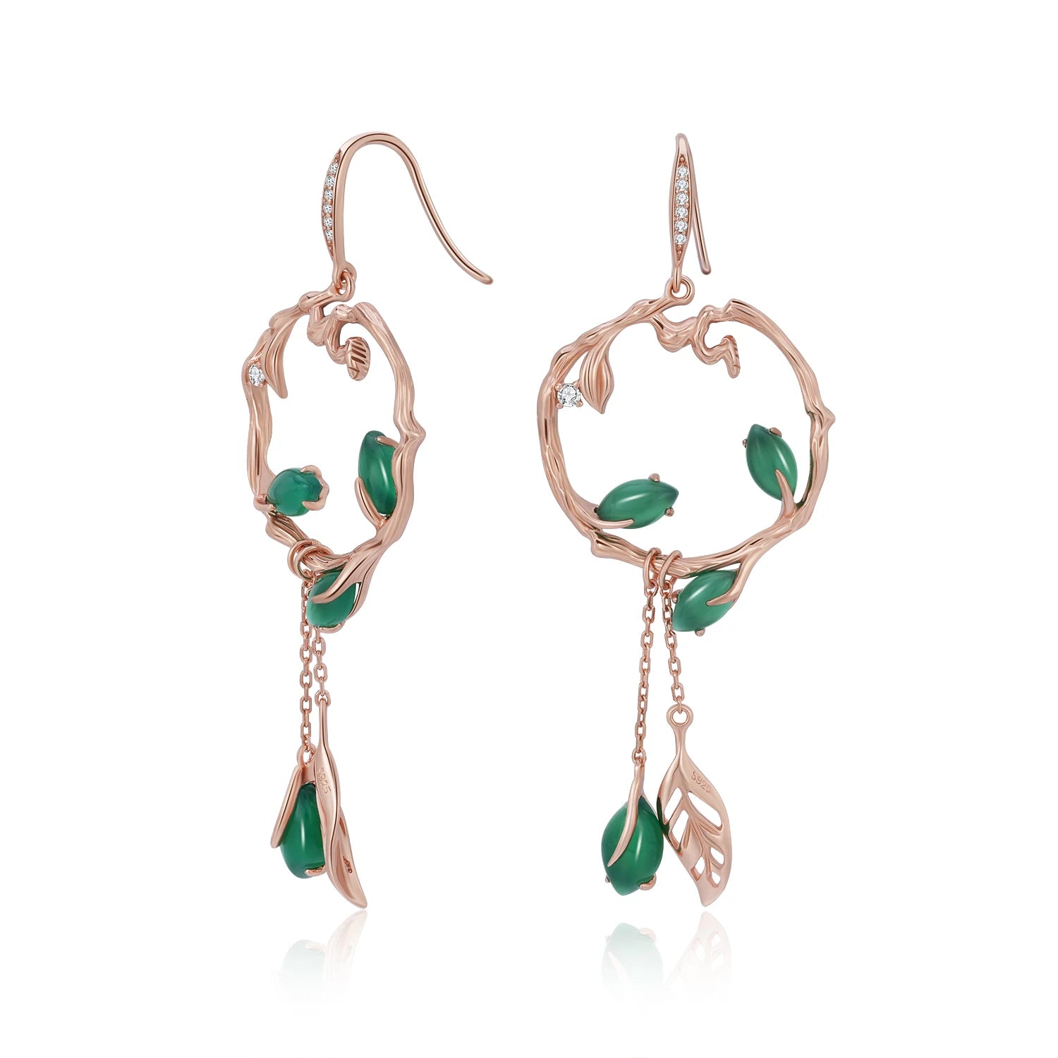 YBO 925 Sterling Silver Fine Jewelry for Women Rose Gold Plating Natural Jade Chalcedony Flower Earrings Wedding Bramble Rattan