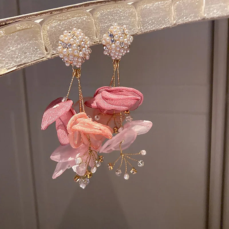 Fashion Simple Needle Bridal Wedding Earrings Diamond Pearl Crystal Lace Fabric Flower Earrings Jewelry