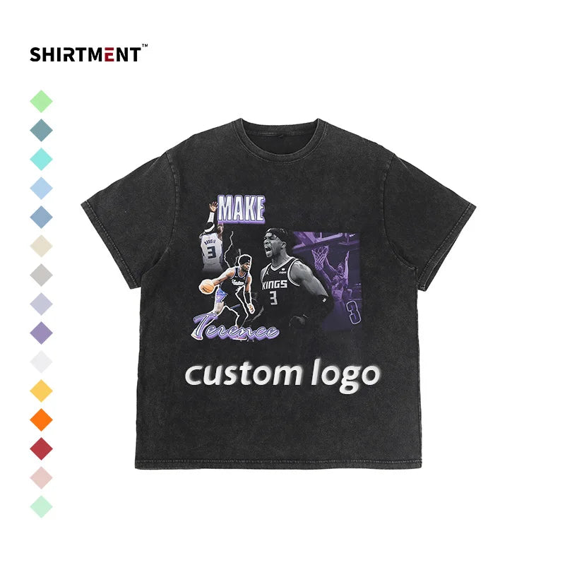 Custom Logo Graphic Men Printing Plain Oversized Hip Hop 100% Cotton Vintage Acid Wash T Shirt