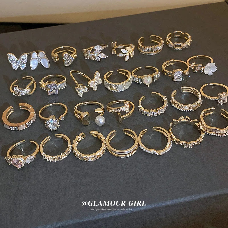 New Arrival Gold Plated Cubic Zirconia Leaf Flower Open Rings Gold Heart Diamond Rings for Women