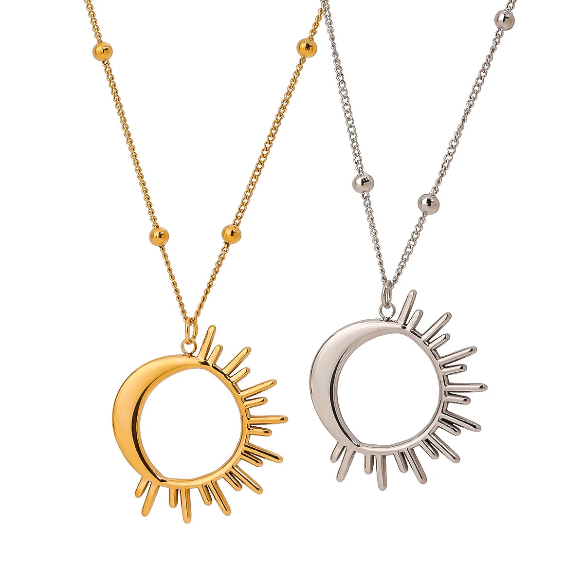 J&D Classic 18K Gold Stainless Steel Polished Hollow Star and Moon Pendant with Beads Chain Necklace