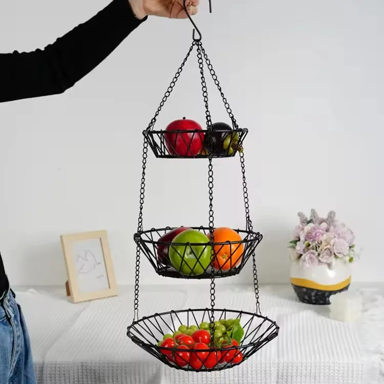 Black Metal 3-Tier Round Iron Fruit Hanging Basket Kitchen  Household Iron Fruit and Vegetable Storage Baskets