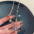 Fashion Natural Multi Color Rice Beaded Necklace Heart Shape Micro Zircon CZ Oil Drop Double Layer Rice Beaded Necklace Jewelry