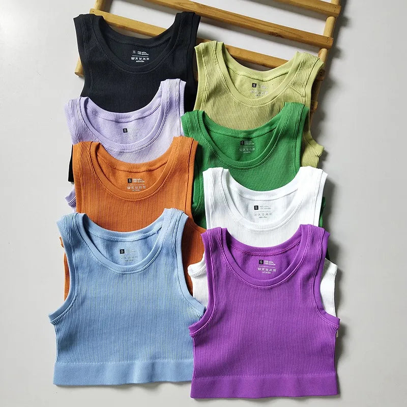 Yoke Womens Short Sports Ribbed Vest High Stretch Work Out Contouring tank Top for Women