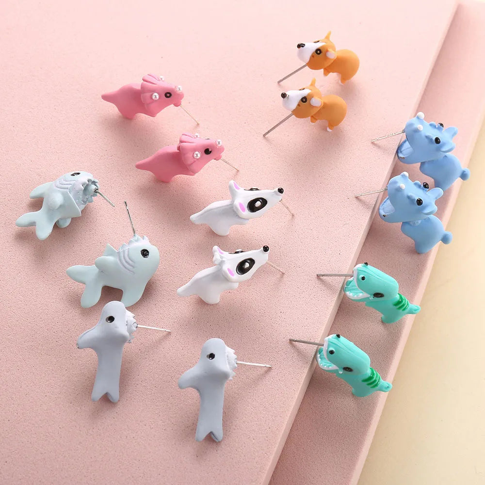 Hot Sell Mini Earrings Whale Dog Dinosaur Shark Earring Spray Paint Cute Animal Earrings