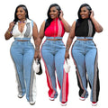 S-XXL Work Style Wide Leg Pants Autumn New Blue Patchwork With Side Buckle Split Stripes Long Denim Cargo Pants