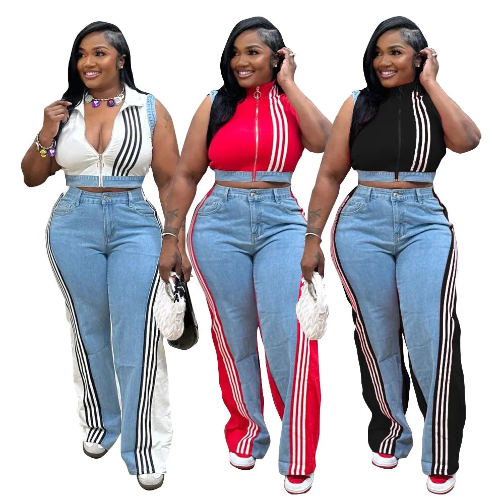 S-XXL Work Style Wide Leg Pants Autumn New Blue Patchwork With Side Buckle Split Stripes Long Denim Cargo Pants
