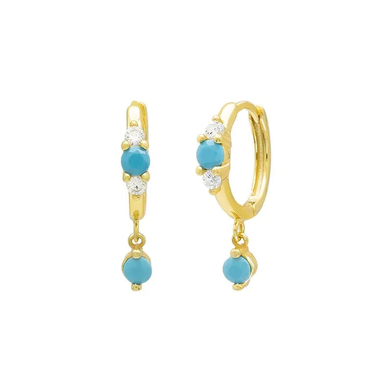 925 Sterling Silver Zirconia Pave Turquoise Pendant 18K PVD Gold Plated Huggie Earrings Gift for Woman